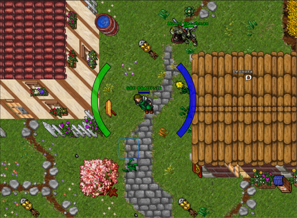 Cena de jogo de Signus: personagem atravessa uma rua de pedra entre casas e jardins